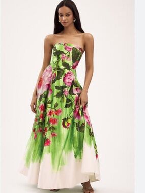 BHLDN Kira Floral Printed Strapless Satin A-line Ball Gown